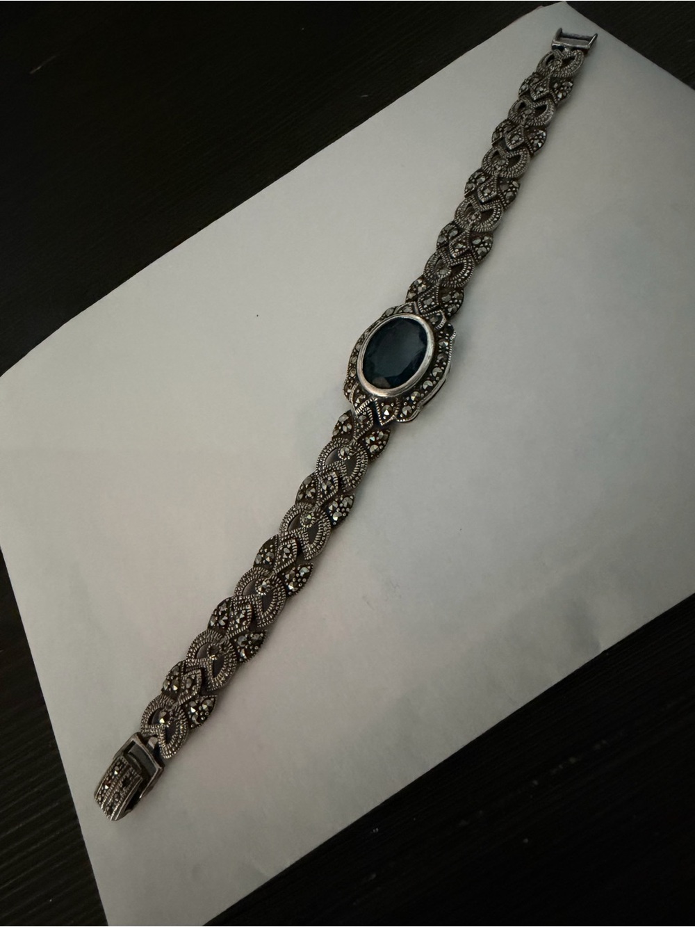 Vintage Silver  Bracelet with Marcasite and Dark Blue Topaz  Oval Stone